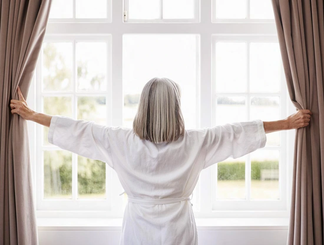 Homeowner opening curtains in front of a large bright window